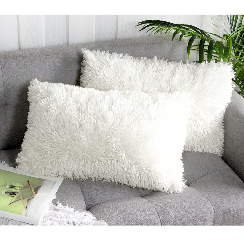 Uhomy 2 Packs Fluffy Accent Pillows Cover 20"x12", Soft Cream White Faux Fur Throw Pillow Case, Modern Luxury Decorative Square Cushion Cover for Farmhouse Home Decor for Sofa/Bed/Chair, 50x30cm - Image 1